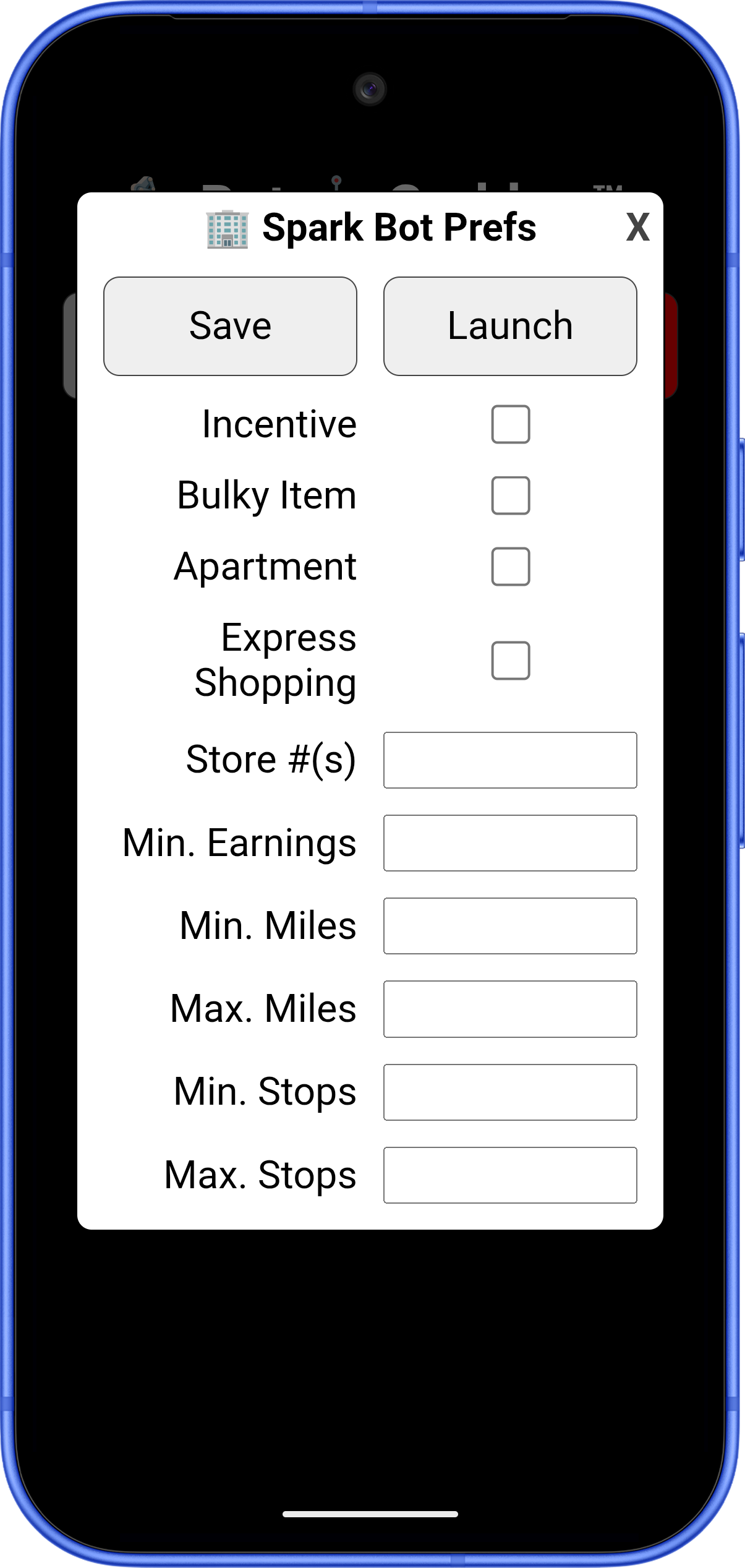 Spark Bot preferences screen with configurable Spark automation settings